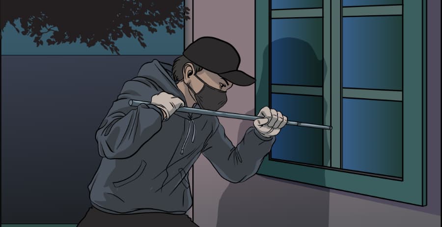 Illustration of burglar forcing entry through a window in Boulder