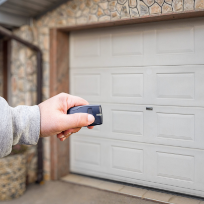 Boulder security key fob pointing to a garage door